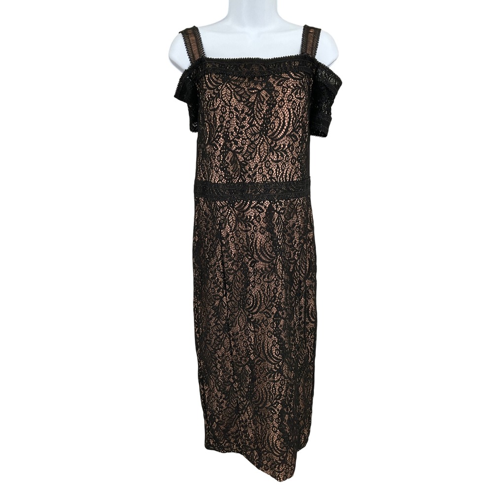 Rachel Rachel Roy Sheath Dress Womens 10 Black Lace Cold Shoulder Midi Formal